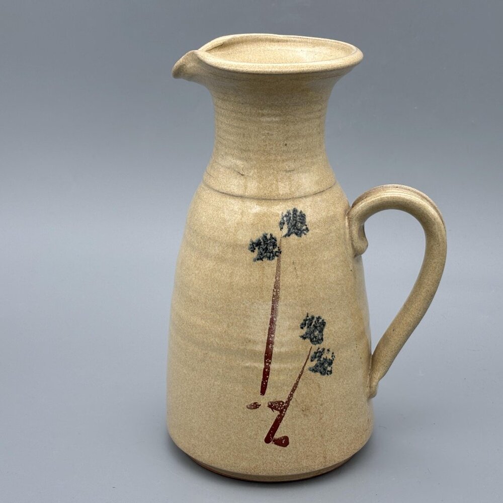 Vintage Studio Pottery Stoneware Pitcher with Hand-Painted Floral Stems Rustic